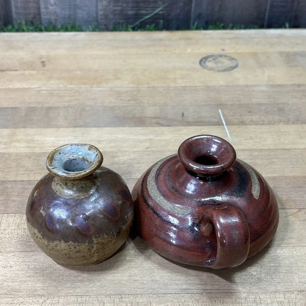 Vintage Studio Pottery Mini Vase & Handled Vessel Drip Glaze Earth Tone Set